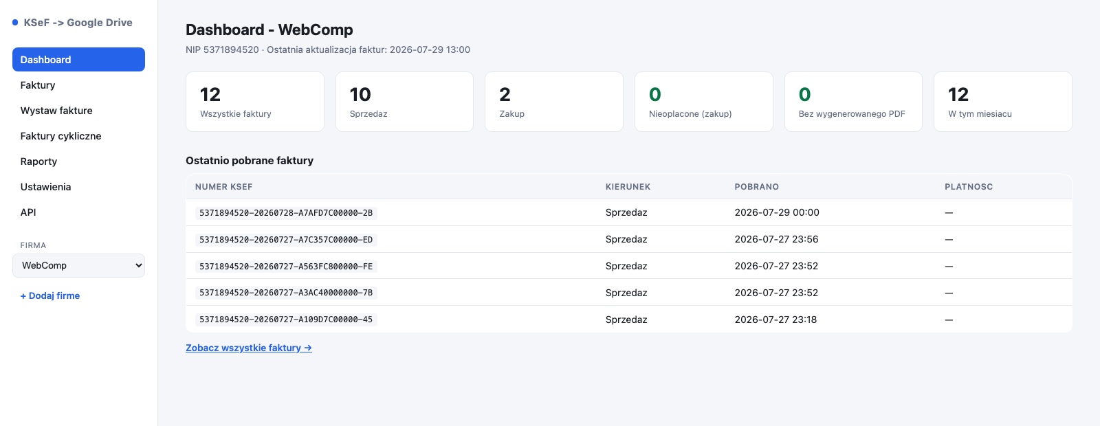 Dashboard panelu klienta getKSeF.pl